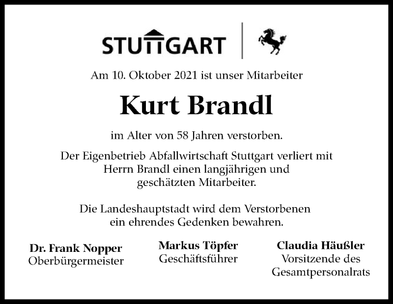  Traueranzeige für Kurt Brandl vom 18.10.2021 aus Stuttgarter Zeitung / Stuttgarter Nachrichten