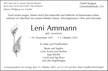 Traueranzeige von Leni Ammann von Stuttgarter Zeitung / Stuttgarter Nachrichten