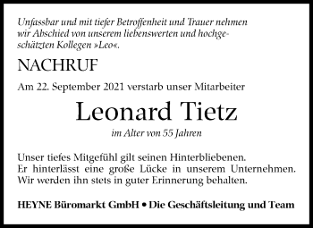 Traueranzeige von Leonard Tietz von Stuttgarter Zeitung / Stuttgarter Nachrichten