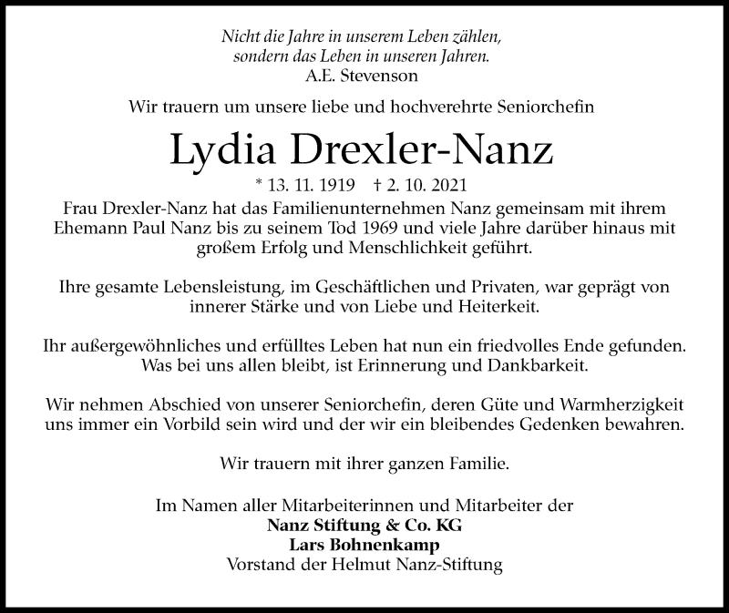  Traueranzeige für Lydia Drexler-Nanz vom 09.10.2021 aus Stuttgarter Zeitung / Stuttgarter Nachrichten
