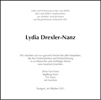 Traueranzeige von Lydia Drexler-Nanz von Stuttgarter Zeitung / Stuttgarter Nachrichten
