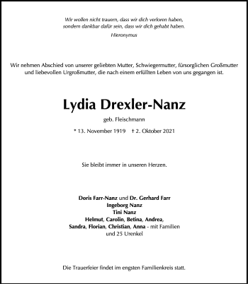 Traueranzeige von Lydia Drexler-Nanz von Stuttgarter Zeitung / Stuttgarter Nachrichten