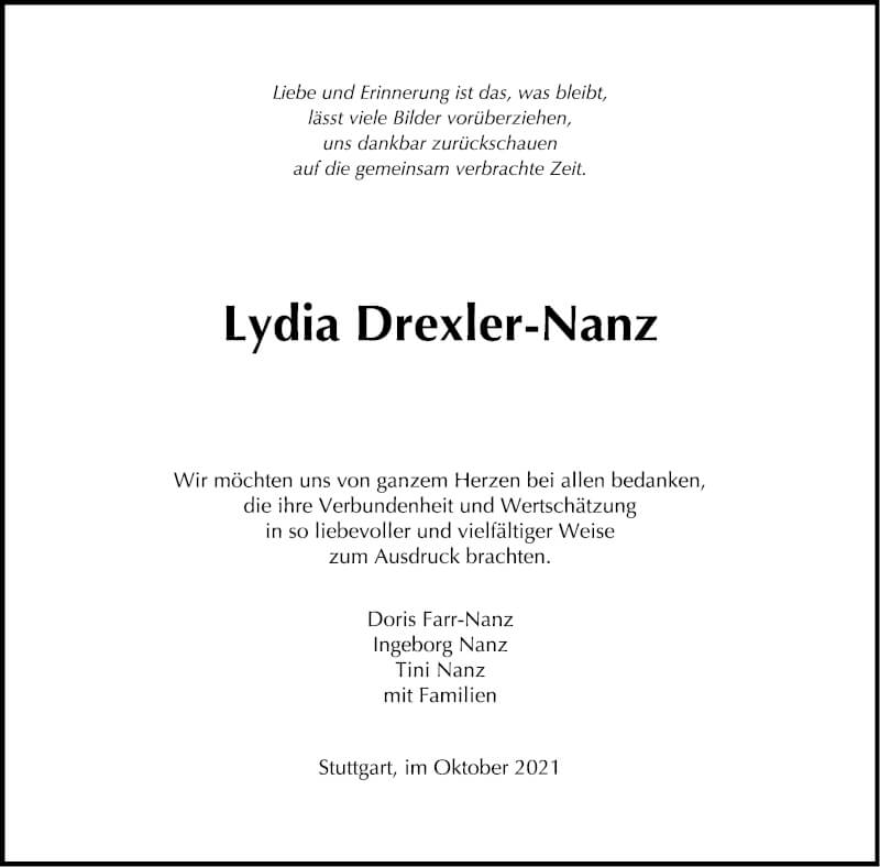  Traueranzeige für Lydia Drexler-Nanz vom 30.10.2021 aus Stuttgarter Zeitung / Stuttgarter Nachrichten