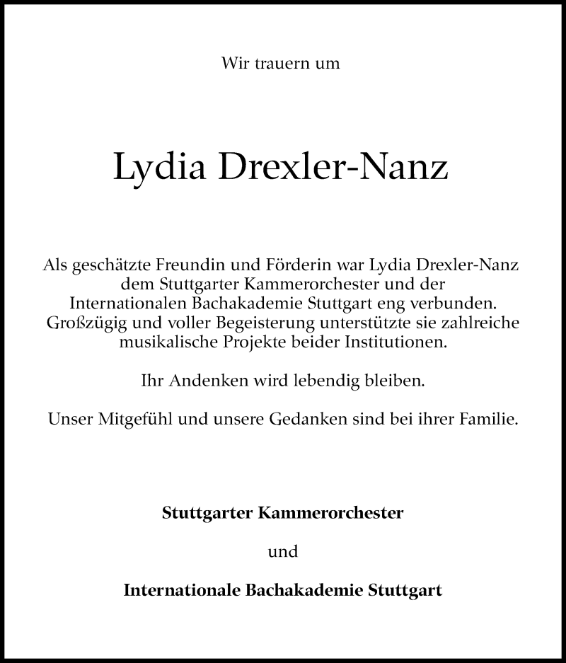  Traueranzeige für Lydia Drexler-Nanz vom 09.10.2021 aus Stuttgarter Zeitung / Stuttgarter Nachrichten