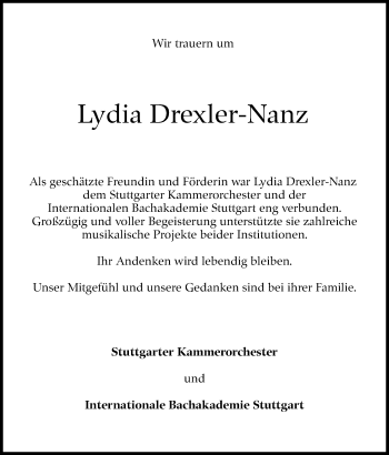 Traueranzeige von Lydia Drexler-Nanz von Stuttgarter Zeitung / Stuttgarter Nachrichten