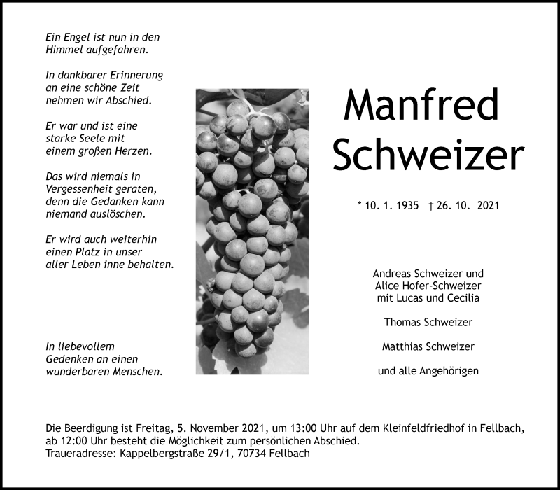  Traueranzeige für Manfred Schweizer vom 30.10.2021 aus Stuttgarter Zeitung / Stuttgarter Nachrichten