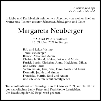 Traueranzeige von Margareta Neuberger von Stuttgarter Zeitung / Stuttgarter Nachrichten