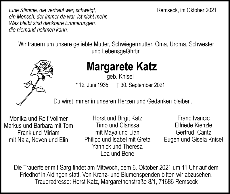  Traueranzeige für Margarete Katz vom 02.10.2021 aus Stuttgarter Zeitung / Stuttgarter Nachrichten