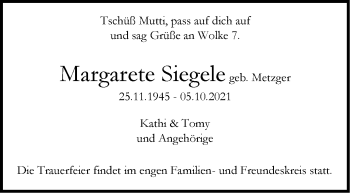 Traueranzeige von Margarete Siegele von Stuttgarter Zeitung / Stuttgarter Nachrichten