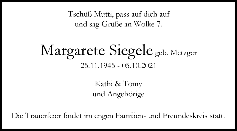  Traueranzeige für Margarete Siegele vom 16.10.2021 aus Stuttgarter Zeitung / Stuttgarter Nachrichten