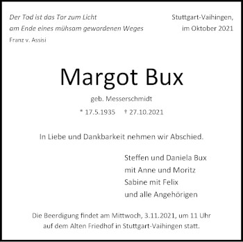 Traueranzeige von Margot Bux von Stuttgarter Zeitung / Stuttgarter Nachrichten