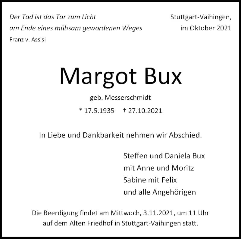  Traueranzeige für Margot Bux vom 30.10.2021 aus Stuttgarter Zeitung / Stuttgarter Nachrichten