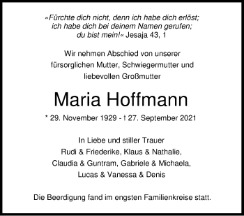 Traueranzeige von Maria Hoffmann von Stuttgarter Zeitung / Stuttgarter Nachrichten