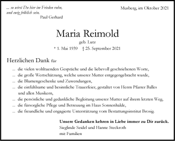 Traueranzeige von Maria Reimold von Stuttgarter Zeitung / Stuttgarter Nachrichten