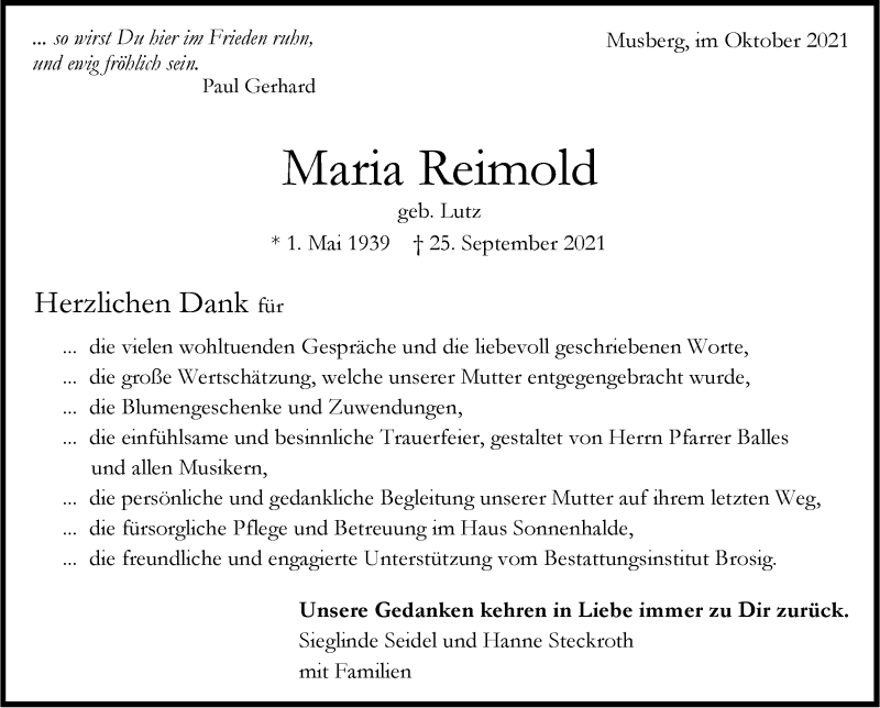  Traueranzeige für Maria Reimold vom 28.10.2021 aus Stuttgarter Zeitung / Stuttgarter Nachrichten