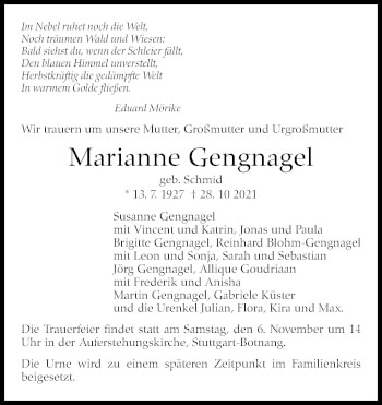 Traueranzeige von Marianne Gengnagel von Stuttgarter Zeitung / Stuttgarter Nachrichten