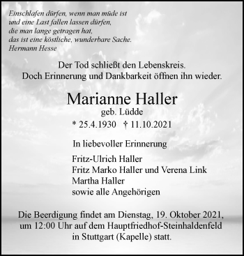 Traueranzeige von Marianne Haller von Stuttgarter Zeitung / Stuttgarter Nachrichten