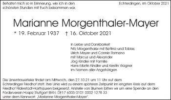 Traueranzeige von Marianne Morgenthaler-Mayer von Stuttgarter Zeitung / Stuttgarter Nachrichten