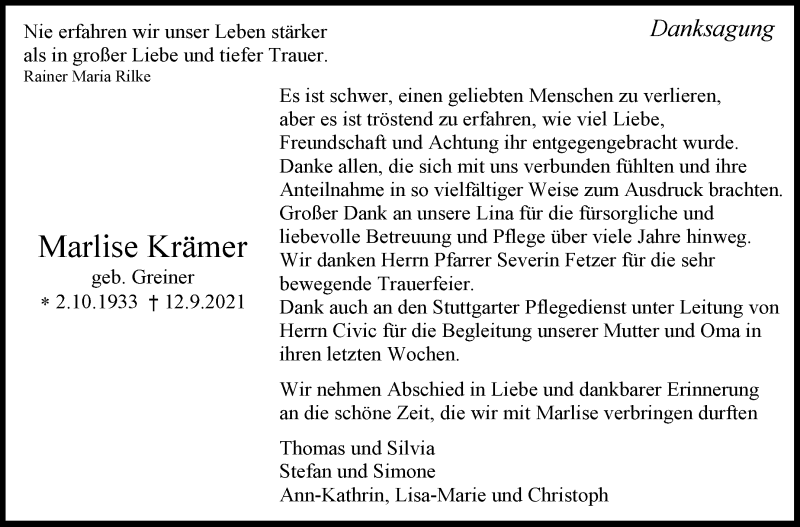  Traueranzeige für Marlise Krämer vom 23.10.2021 aus Stuttgarter Zeitung / Stuttgarter Nachrichten