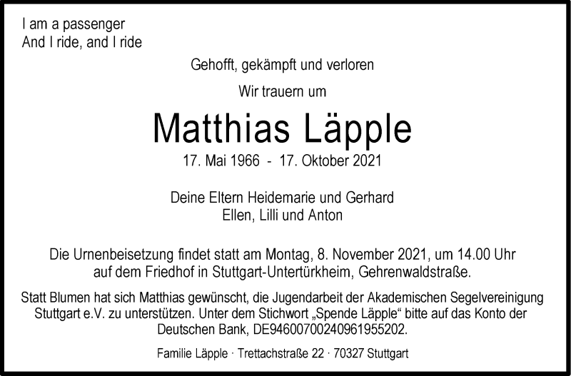  Traueranzeige für Matthias Läpple vom 23.10.2021 aus Stuttgarter Zeitung / Stuttgarter Nachrichten