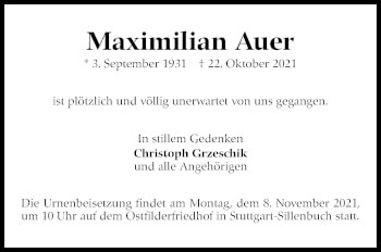 Traueranzeige von Maximilian Auer von Stuttgarter Zeitung / Stuttgarter Nachrichten