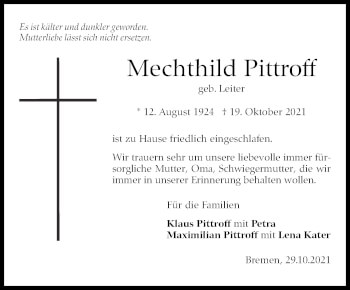 Traueranzeige von Mechthild Pittroff von Stuttgarter Zeitung / Stuttgarter Nachrichten