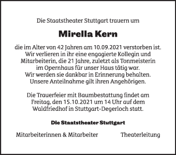 Traueranzeige von Mirella Kern von Stuttgarter Zeitung / Stuttgarter Nachrichten