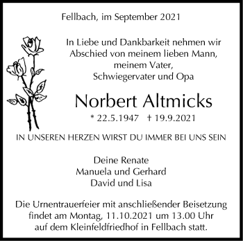 Traueranzeige von Norbert Altmicks von Stuttgarter Zeitung / Stuttgarter Nachrichten