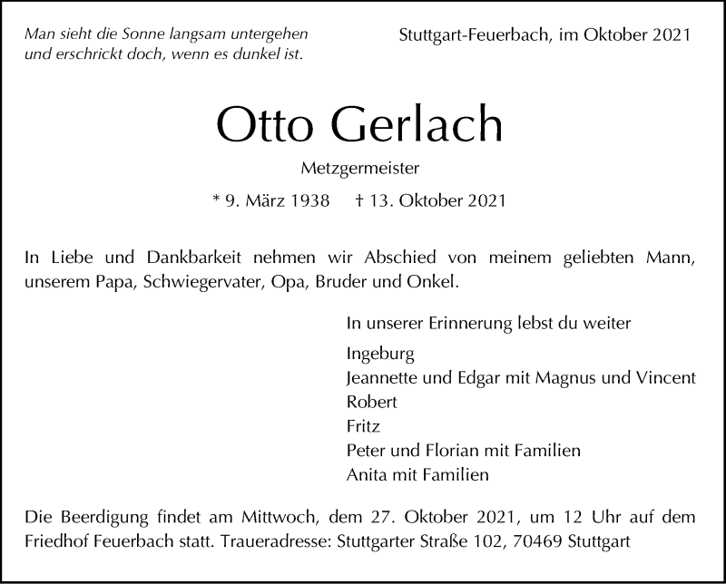  Traueranzeige für Otto Gerlach vom 23.10.2021 aus Stuttgarter Zeitung / Stuttgarter Nachrichten