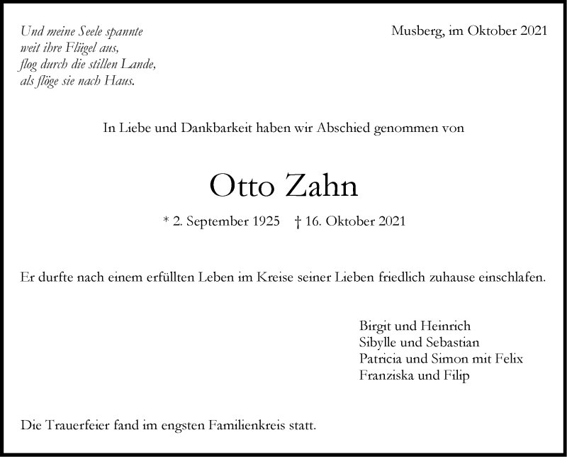  Traueranzeige für Otto Zahn vom 29.10.2021 aus Stuttgarter Zeitung / Stuttgarter Nachrichten