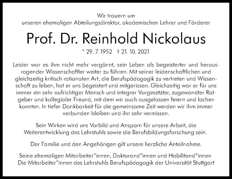  Traueranzeige für Reinhold Nickolaus vom 30.10.2021 aus Stuttgarter Zeitung / Stuttgarter Nachrichten