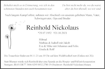 Traueranzeige von Reinhold Nickolaus von Stuttgarter Zeitung / Stuttgarter Nachrichten