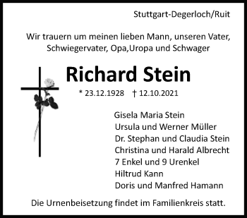 Traueranzeige von Richard Stein von Stuttgarter Zeitung / Stuttgarter Nachrichten