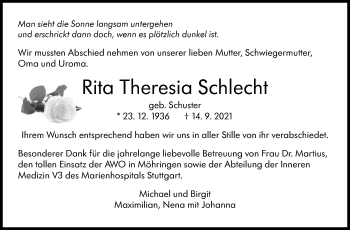 Traueranzeige von Rita Theresia Schlecht von Stuttgarter Zeitung / Stuttgarter Nachrichten