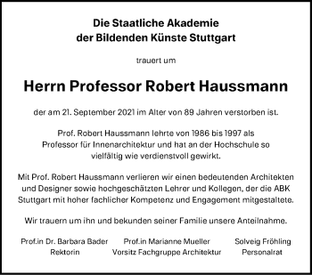 Traueranzeige von Robert Haussmann von Stuttgarter Zeitung / Stuttgarter Nachrichten