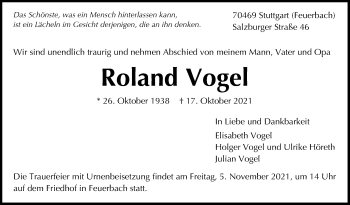 Traueranzeige von Roland Vogel von Stuttgarter Zeitung / Stuttgarter Nachrichten