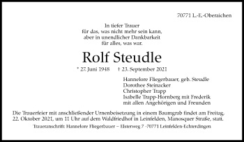 Traueranzeige von Rolf Steudle von Stuttgarter Zeitung / Stuttgarter Nachrichten