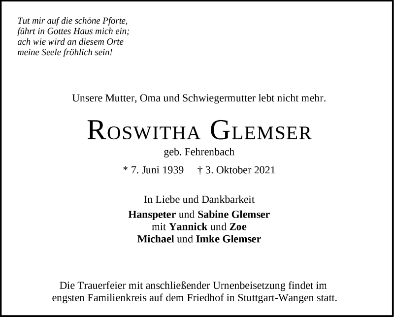  Traueranzeige für Roswitha Glemser vom 09.10.2021 aus Stuttgarter Zeitung / Stuttgarter Nachrichten