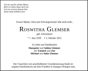 Traueranzeige von Roswitha Glemser von Stuttgarter Zeitung / Stuttgarter Nachrichten