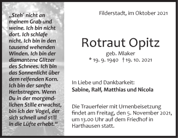 Traueranzeige von Rotraut Opitz von Stuttgarter Zeitung / Stuttgarter Nachrichten