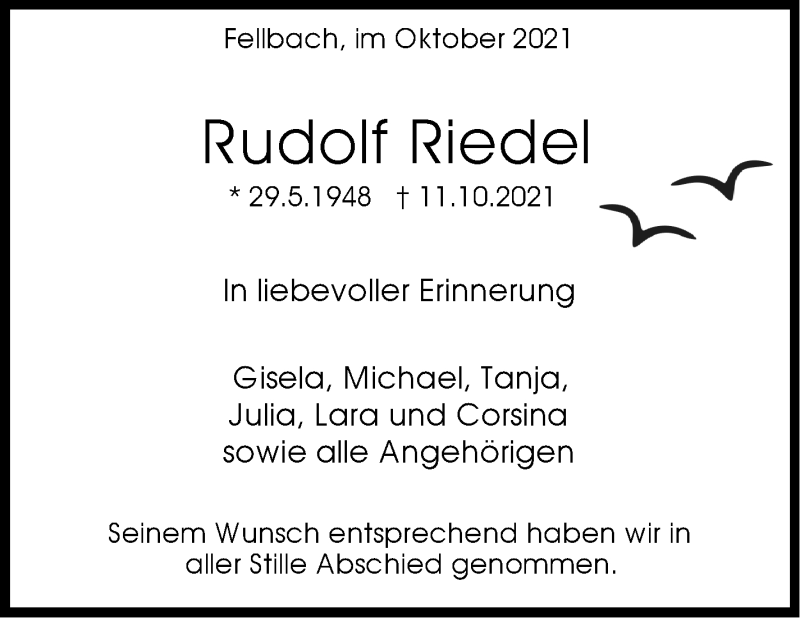  Traueranzeige für Rudolf Riedel vom 30.10.2021 aus Stuttgarter Zeitung / Stuttgarter Nachrichten