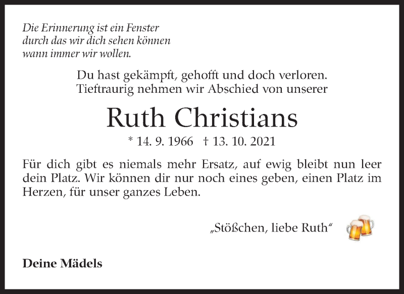  Traueranzeige für Ruth Christians vom 16.10.2021 aus Stuttgarter Zeitung / Stuttgarter Nachrichten