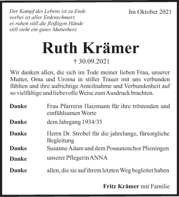 Traueranzeige von Ruth Krämer von Stuttgarter Zeitung / Stuttgarter Nachrichten