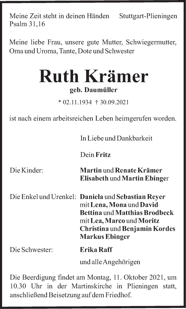  Traueranzeige für Ruth Krämer vom 06.10.2021 aus Stuttgarter Zeitung / Stuttgarter Nachrichten