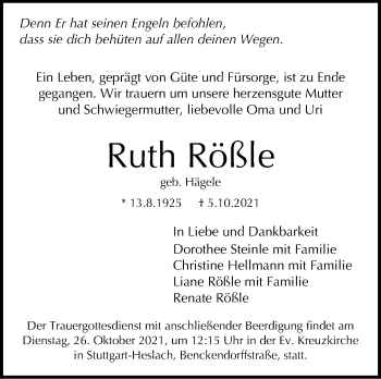 Traueranzeige von Ruth Rößle von Stuttgarter Zeitung / Stuttgarter Nachrichten