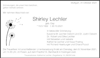 Traueranzeige von Shirley Lechler von Stuttgarter Zeitung / Stuttgarter Nachrichten