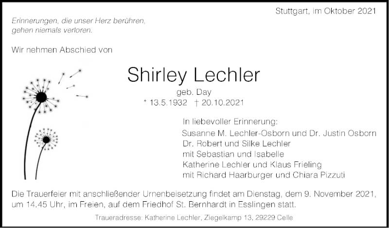  Traueranzeige für Shirley Lechler vom 30.10.2021 aus Stuttgarter Zeitung / Stuttgarter Nachrichten