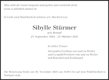 Traueranzeige von Sibylle Stürmer von Stuttgarter Zeitung / Stuttgarter Nachrichten