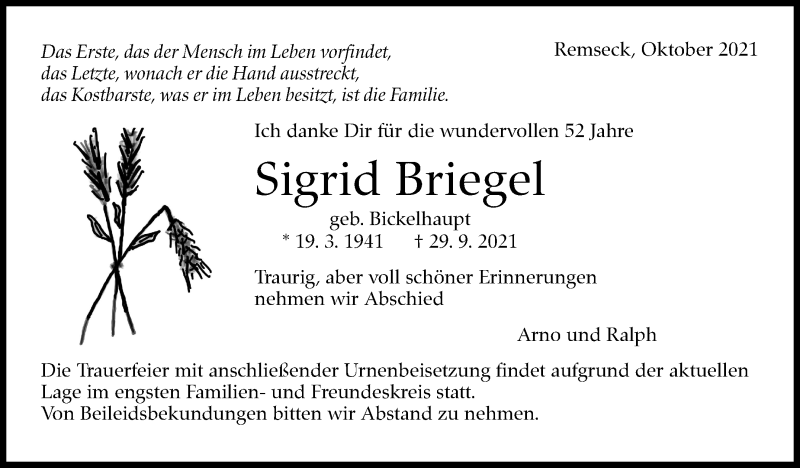  Traueranzeige für Sigrid Briegel vom 06.10.2021 aus Stuttgarter Zeitung / Stuttgarter Nachrichten
