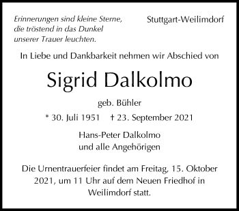 Traueranzeige von Sigrid Dalkolmo von Stuttgarter Zeitung / Stuttgarter Nachrichten